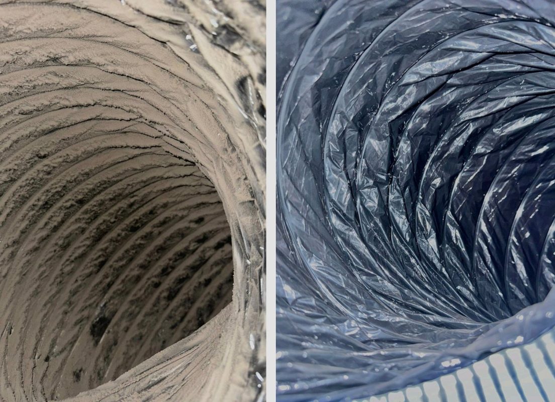 Flexible air duct before and after cleaning — Apex Air MA CT